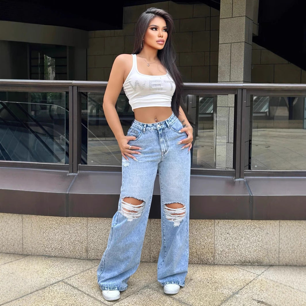 Women’s Ripped Jeans - Wide Leg Washed Blue My Store 