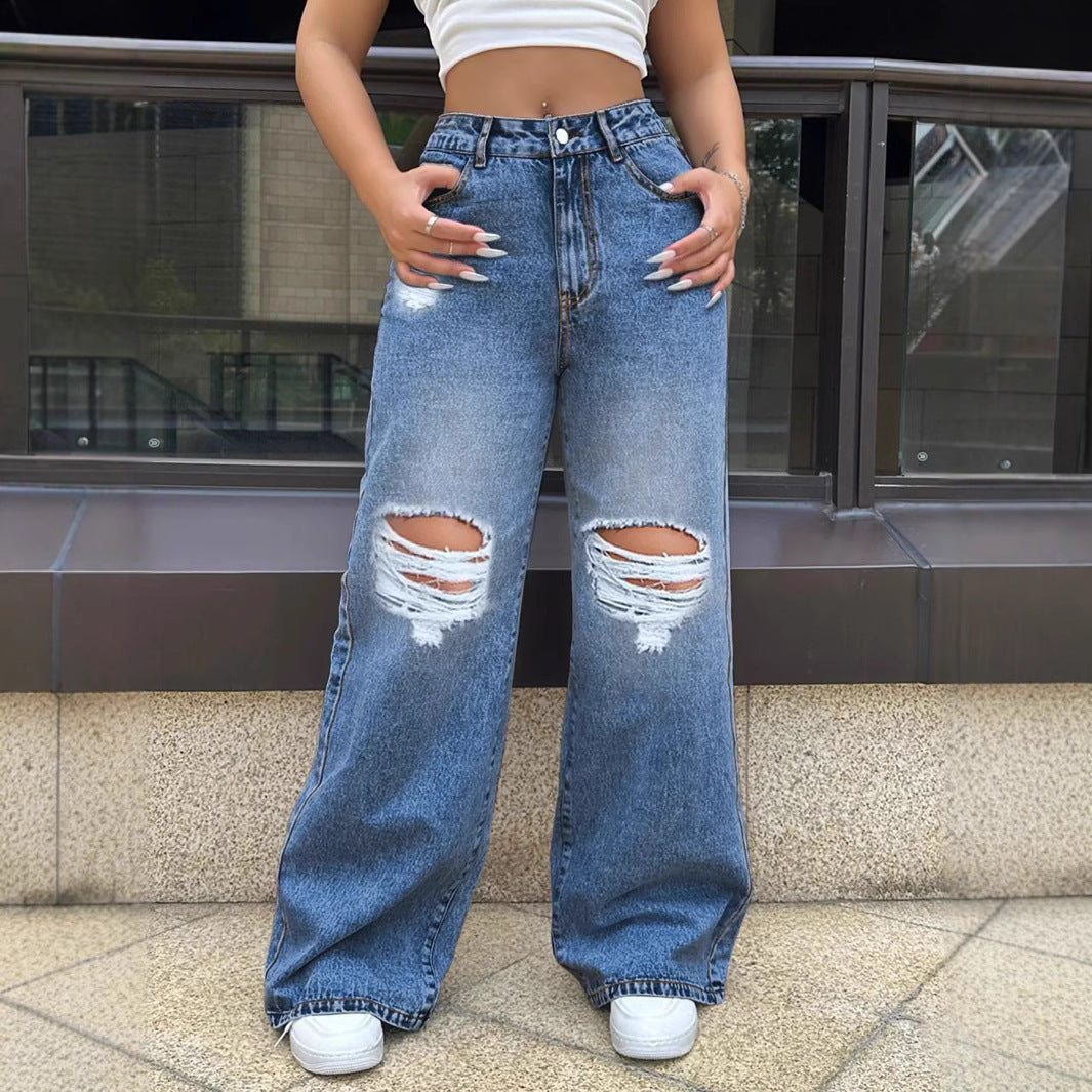Women’s Ripped Jeans - Wide Leg Washed Blue My Store  29.99