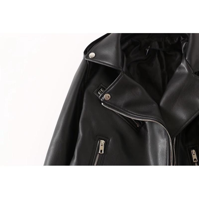 Women's Black PU Leather Zip Jacket – Stylish Acrylic Long-Sleeve Outerwear - MRC STORE