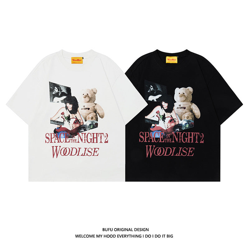 Men’s Retro T-Shirt - Loose Bear & Letter Print My Store 