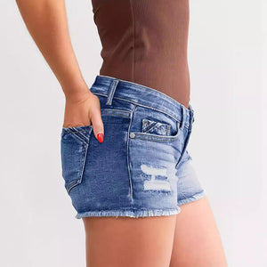 Ladies Ripped Wadding Button Shorts – Light Blue Denim Street Fashion - MRC STORE