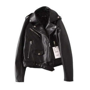 Women's Black PU Leather Zip Jacket – Stylish Acrylic Long-Sleeve Outerwear - MRC STORE