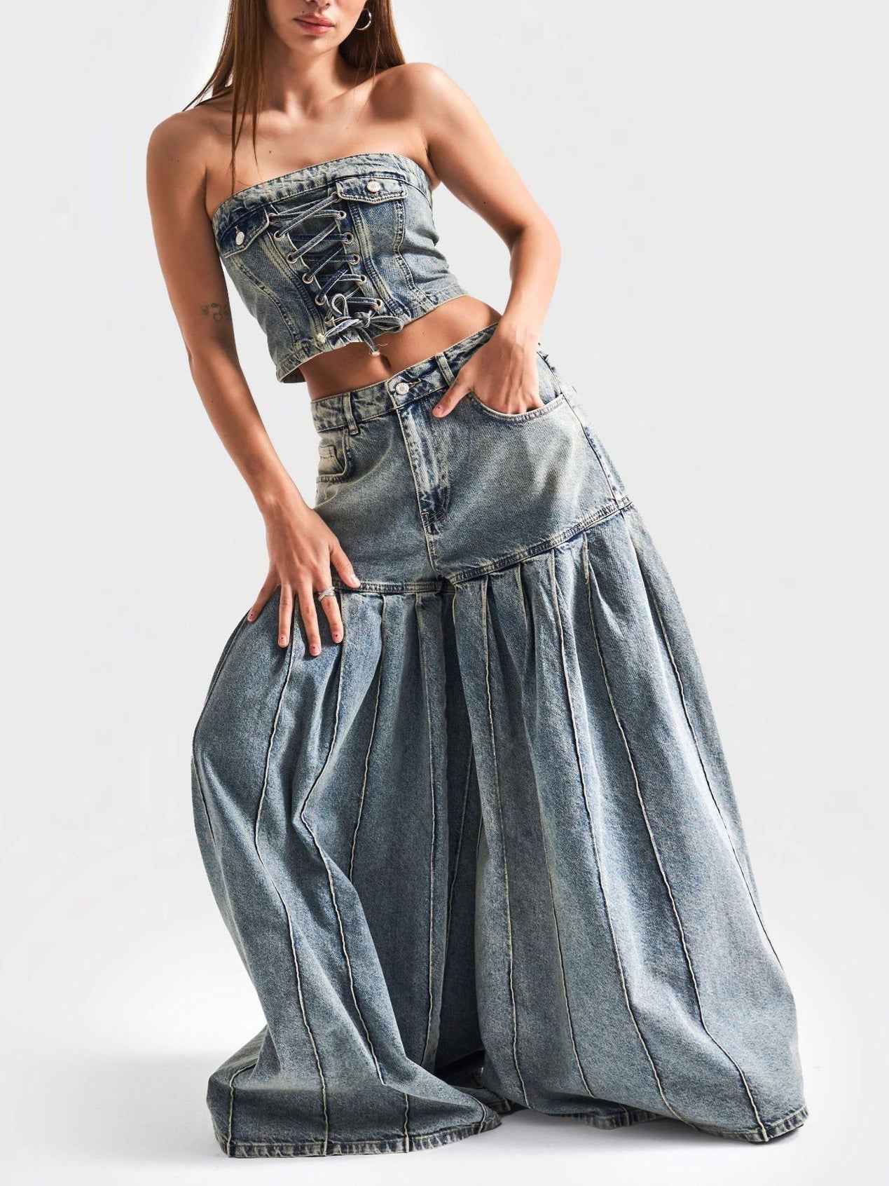 Strapless Denim Corset & Pleated Wide-Leg Set