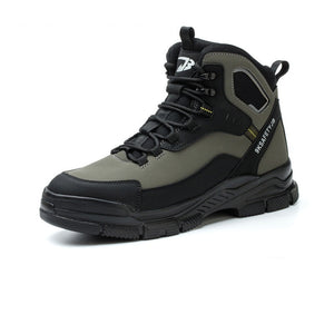 Gray and black safety boot with size comparison icons on a white background