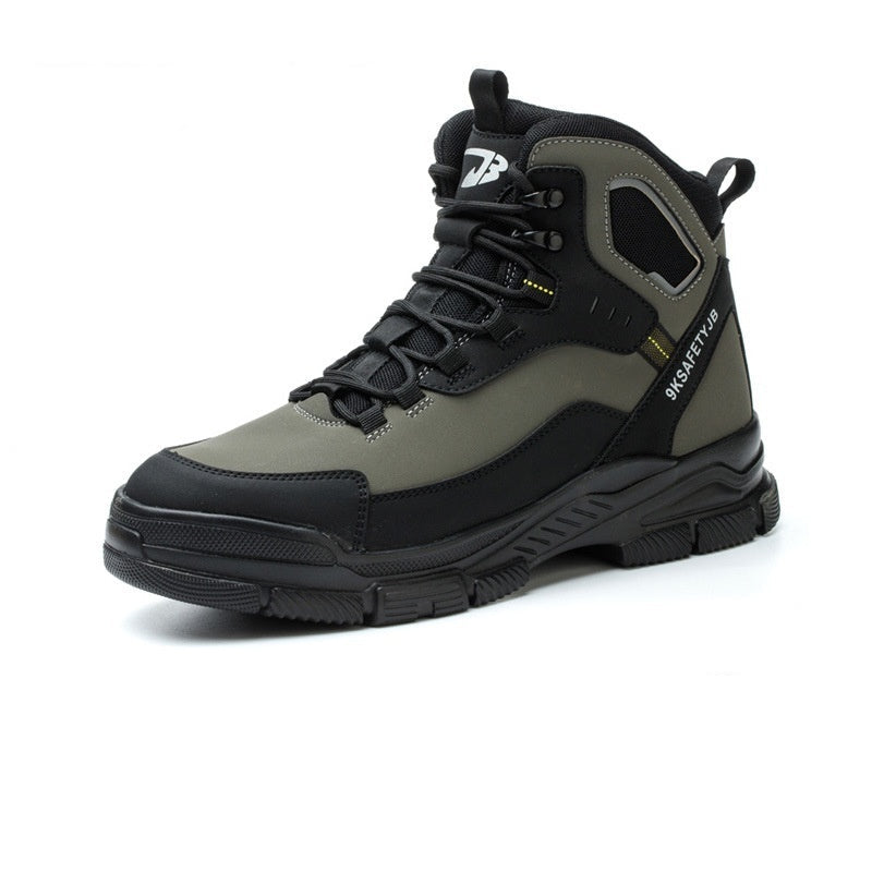 Gray and black safety boot with size comparison icons on a white background