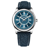 Watch with blue face and strap on a white background