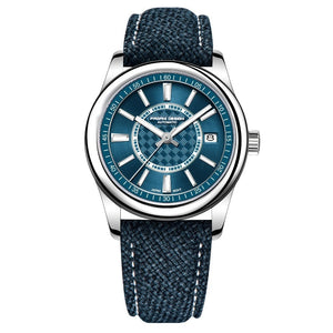 Watch with blue face and strap on a white background
