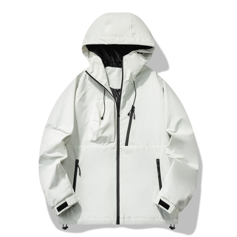 White jacket with black accents on a white background