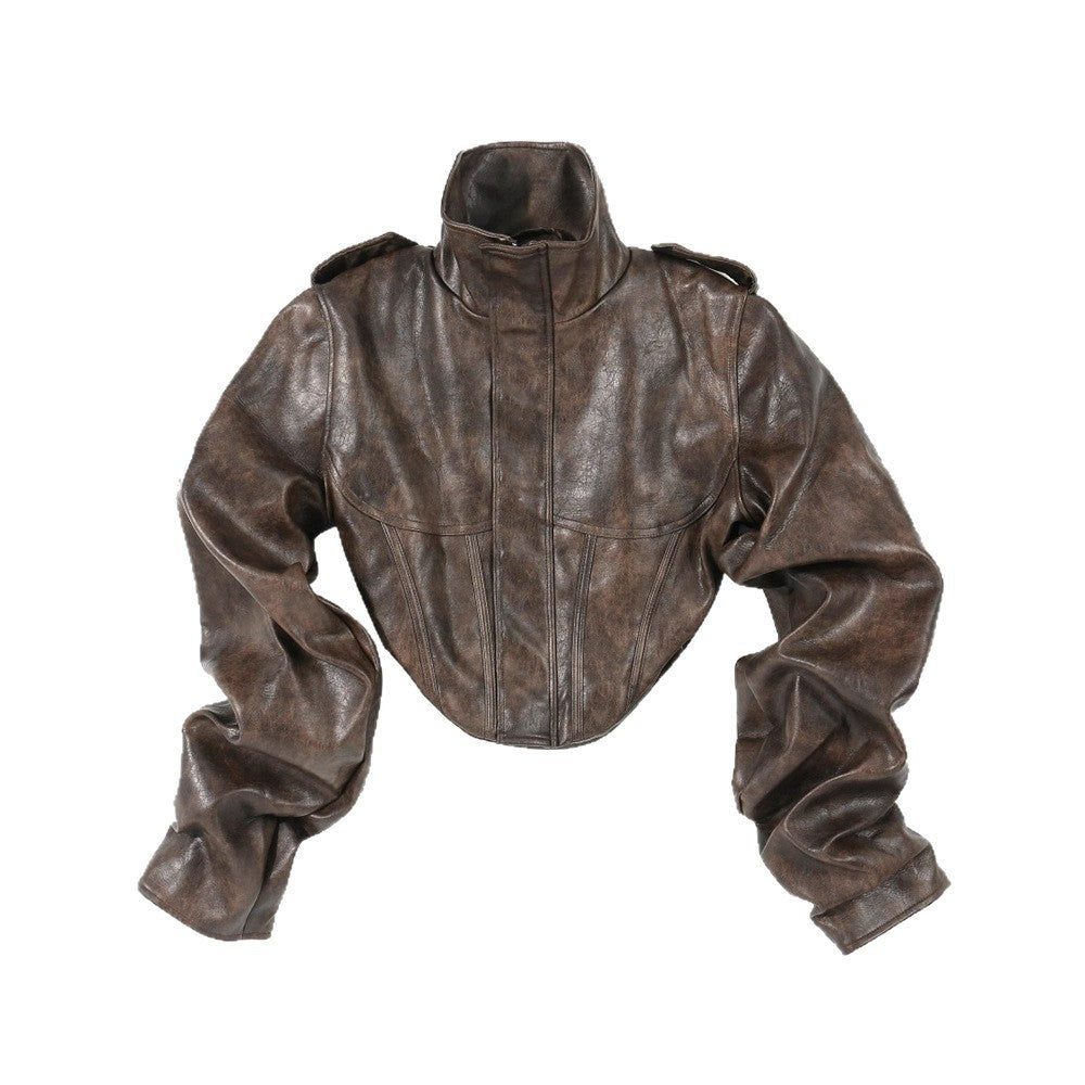 High-End Short PU Leather Fishbone Coat MRC STORE 