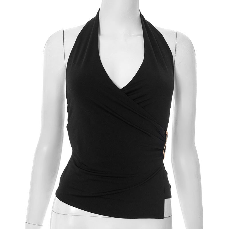 Women’s Suspender Top - V-Neck Pleated Navel My Store 
