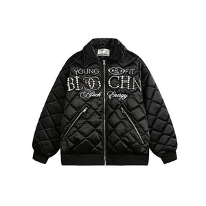 American street jacket High Street Loose - Fit Cotton - MRC STOREJacketsMy StoreA black cotton coat jacket with a quilted design, featuring text embroidery, zippered pockets, and a loose - fit cardigan style.MRC STORECJPK224138803CXBlackL