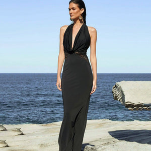 Women’s Swing Collar Lace-Up Deep V Long Dress My Store 