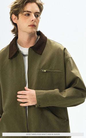 Men’s Contrast Color Washed Polo Collar Jacket - Loose Fit Cotton Long Sleeve My Store 