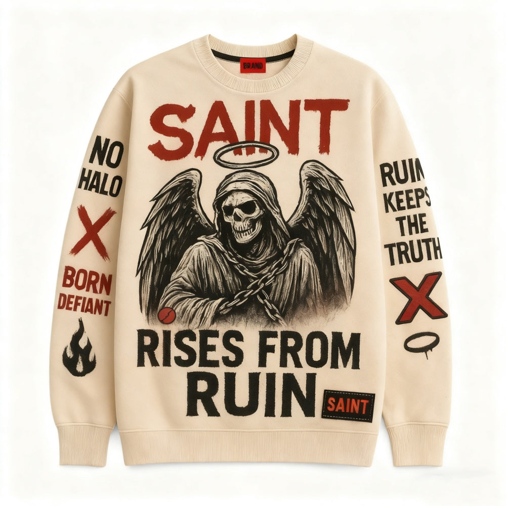 Beige sweatshirt with graphic design featuring a skeleton with wings and text on a white background