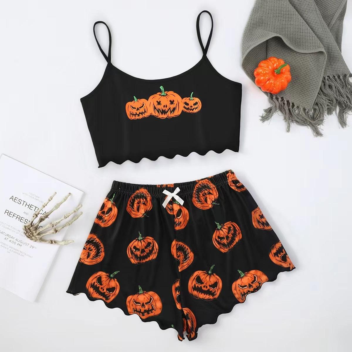 Halloween Pumpkin Print Sleeveless Sling Top and Shorts Pajama Set My Store  20.33