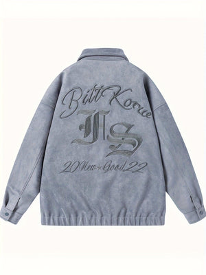 Trendy Letter Embroidery Jacket - Casual Lapel Zip-Up Long Sleeve K-pop Style - MRC STORE