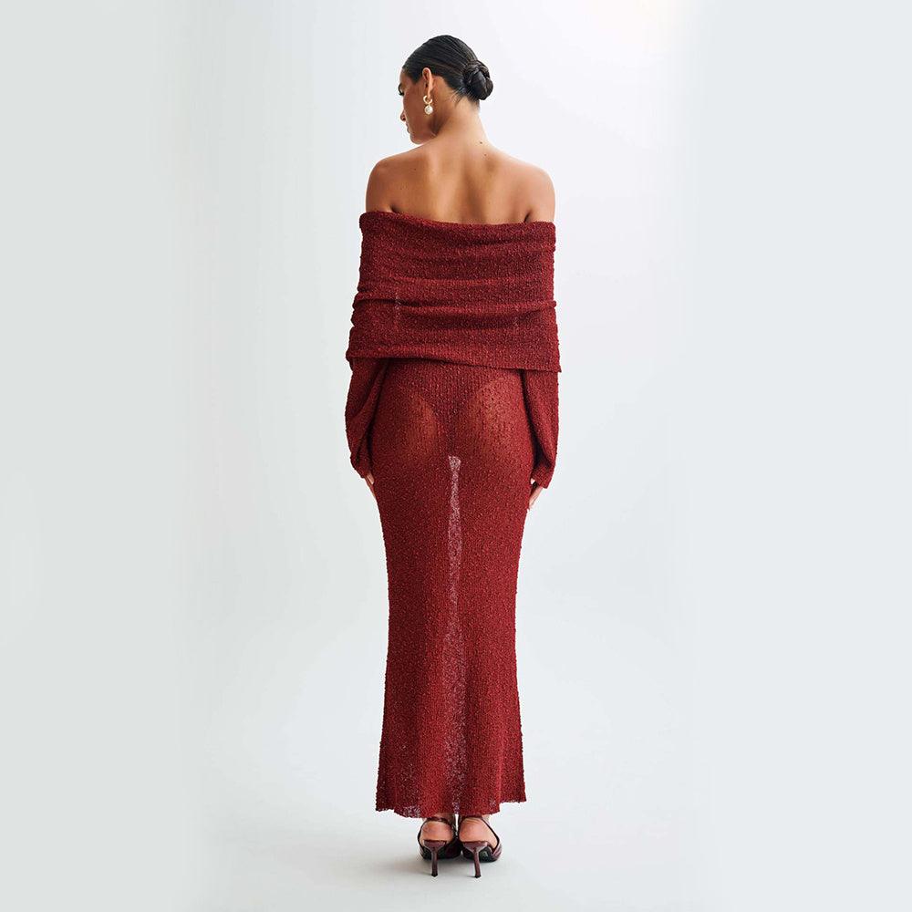 New One-Shoulder Knitted Long-Sleeved Dress – Beach Holiday Long Dress for Women - MRC STORE