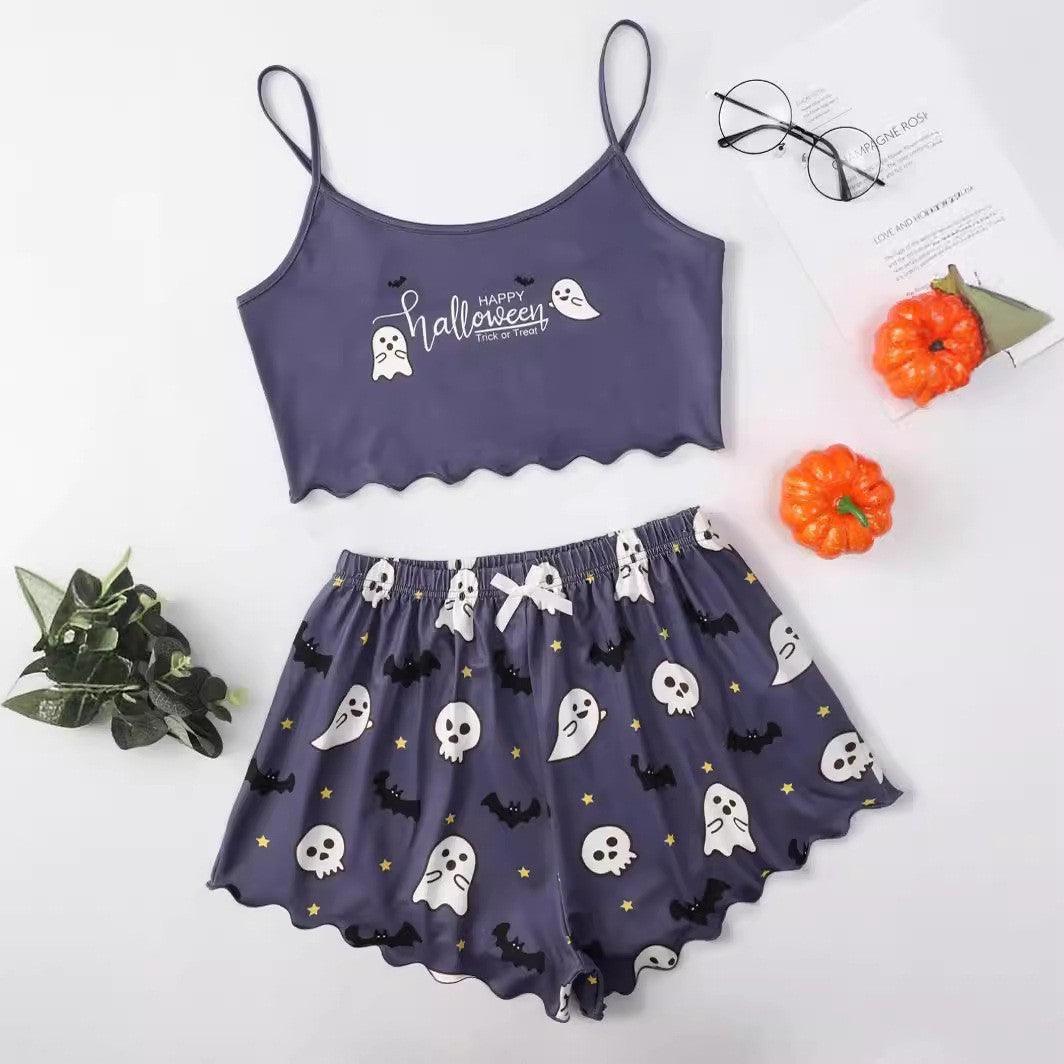 Halloween Pumpkin Print Sleeveless Sling Top and Shorts Pajama Set My Store  20.33