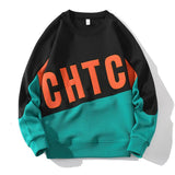 Brand Casual Round Neck Sweater - MRC STORETopMRC STORETwo casual round neck sweatshirts, one in black with a colorful 'CHTCH' text pattern, and one in a beige and dark green color block design, both displayed on white mannequins.MRC STORECJWY202107904DWBlack 22032XL