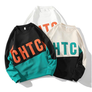 Brand Casual Round Neck Sweater - MRC STORETopMRC STORETwo casual round neck sweatshirts, one in black with a colorful 'CHTCH' text pattern, and one in a beige and dark green color block design, both displayed on white mannequins.MRC STORECJWY202107916PKBeige 22032XL