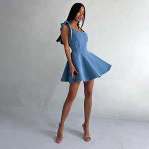 Square Collar Lace-Up Fishbone Waist Dress MRC STORE 