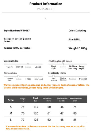 Product information sheet for a dark gray cotton-padded jacket with specifications and size chart.