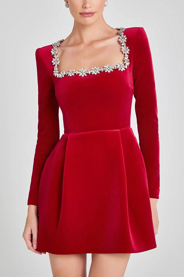 Elegant Square Neck Long-Sleeve Dress – Rhinestone Flower Design A-Line Dress