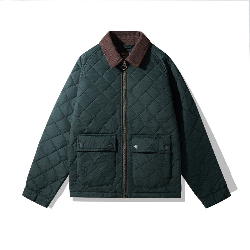 Green quilted jacket with brown collar on a white background