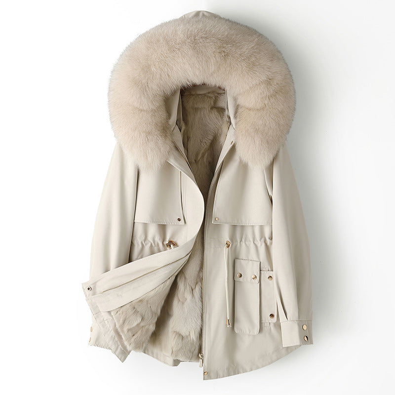 Beige parka coat with fur-lined hood on a white background
