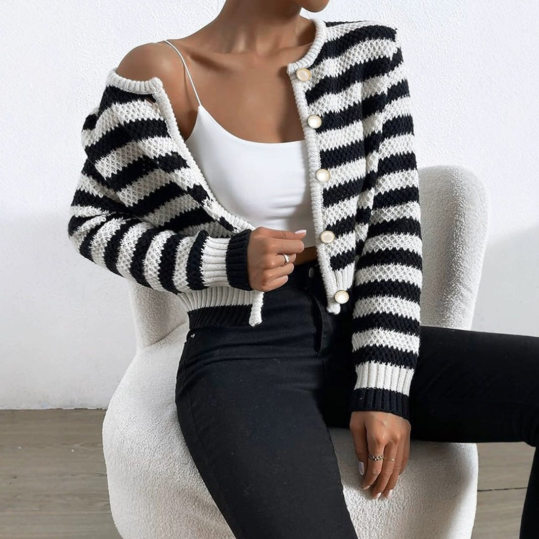 Cardigan Jacket - Striped Round Neck - MRC STOREJacketsMRC STOREA woman wearing a striped round neck cardigan jacket in black and white with long sleeves, buttoned at the front, over a white top and paired with black trousers.MRC STORECJMY231743203CXBlack And White Mixed ColorL