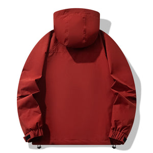Red jacket with a hood on a white background