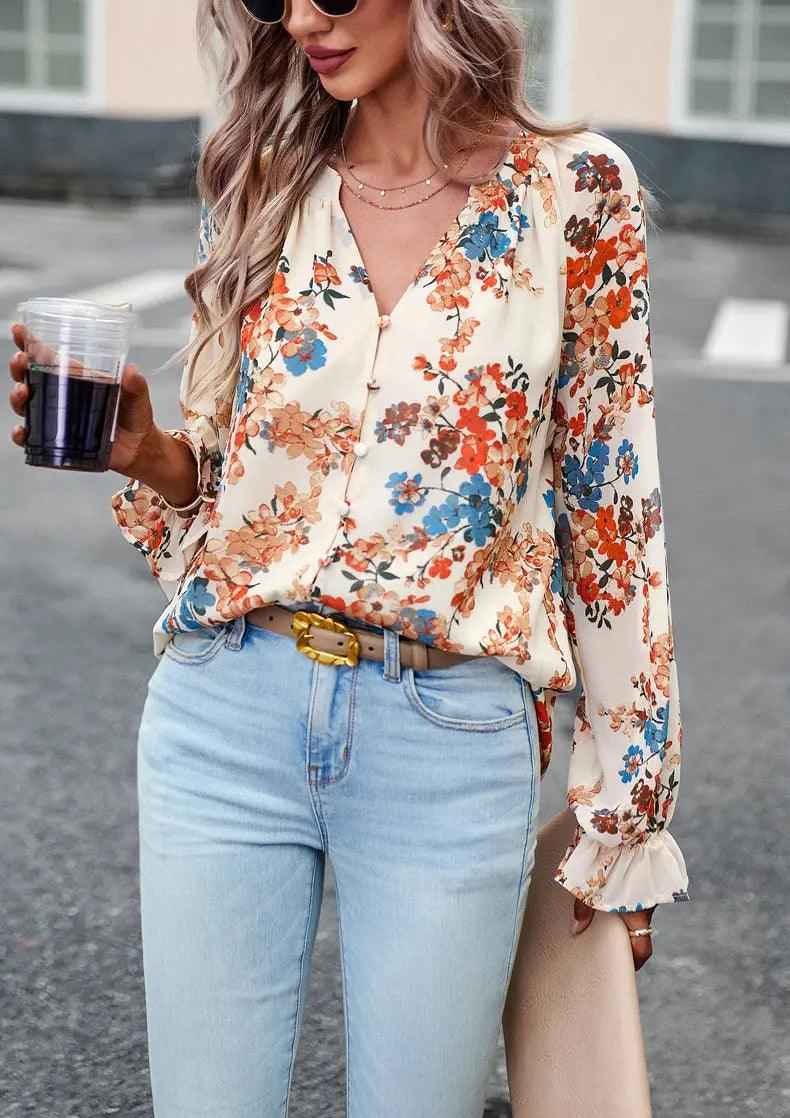 Chic Floral V - Neck Blouse - MRC STOREtopMy StoreChic Floral V - Neck BlouseMRC STORECJCS1792944-Apricot-LApricotL