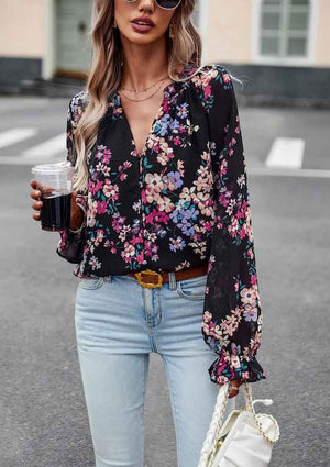 Chic Floral V - Neck Blouse - MRC STOREtopMy StoreChic Floral V - Neck BlouseMRC STORECJCS1792944-Black-LBlackL