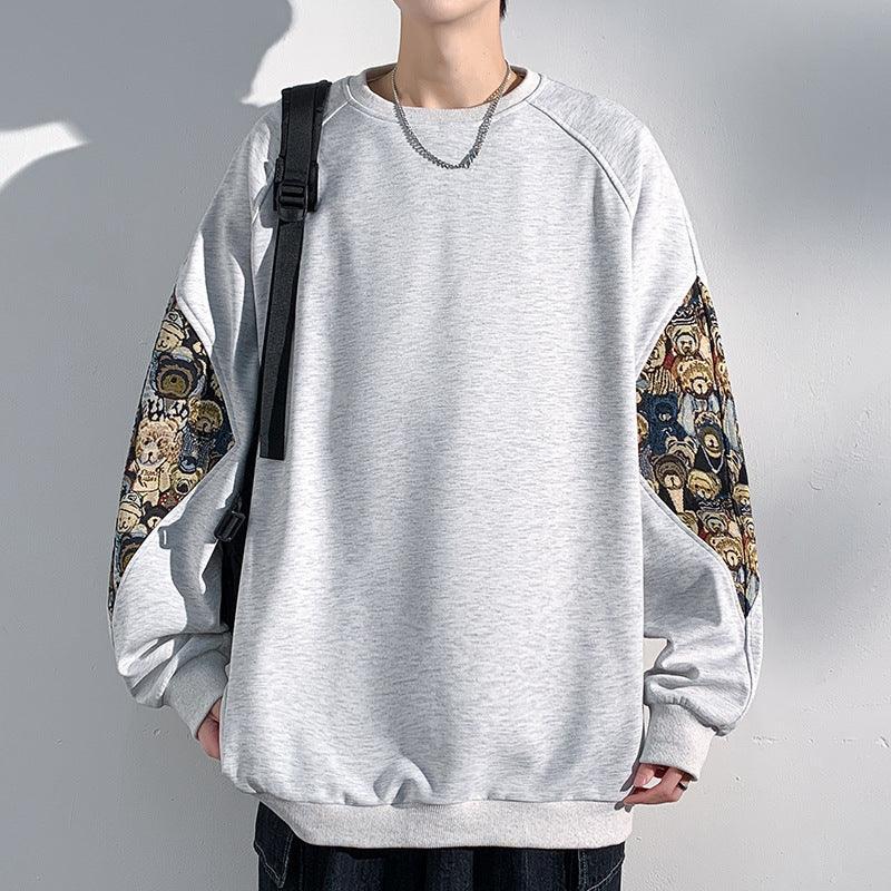 Chinese Style Teddy Bear Embroidered Patchwork Hoodie - Long Sleeve Round Neck Sweatshirt - MRC STORE