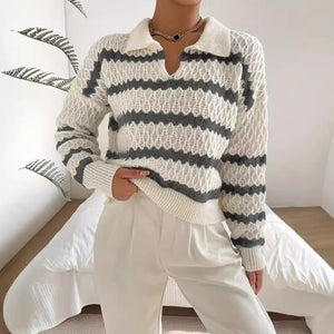 Classic Striped Loose Casual Sweater - MRC STOREsweaterMRC STOREPerson wearing a white and gray striped sweater with white pants in a minimalistic room.MRC STORECJMY255141103CXBlackL