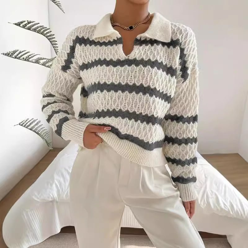 Classic Striped Loose Casual Sweater - MRC STOREsweaterMRC STOREPerson wearing a white and gray striped sweater with white pants in a minimalistic room.MRC STORECJMY255141103CXBlackL