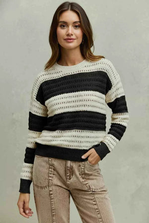 SO ME Openwork Round Neck Wide Stripe Textured Sweater