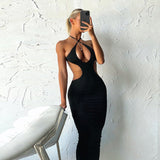 side view of women's sleeveless halter dress with hollow front – elegant summer wear
