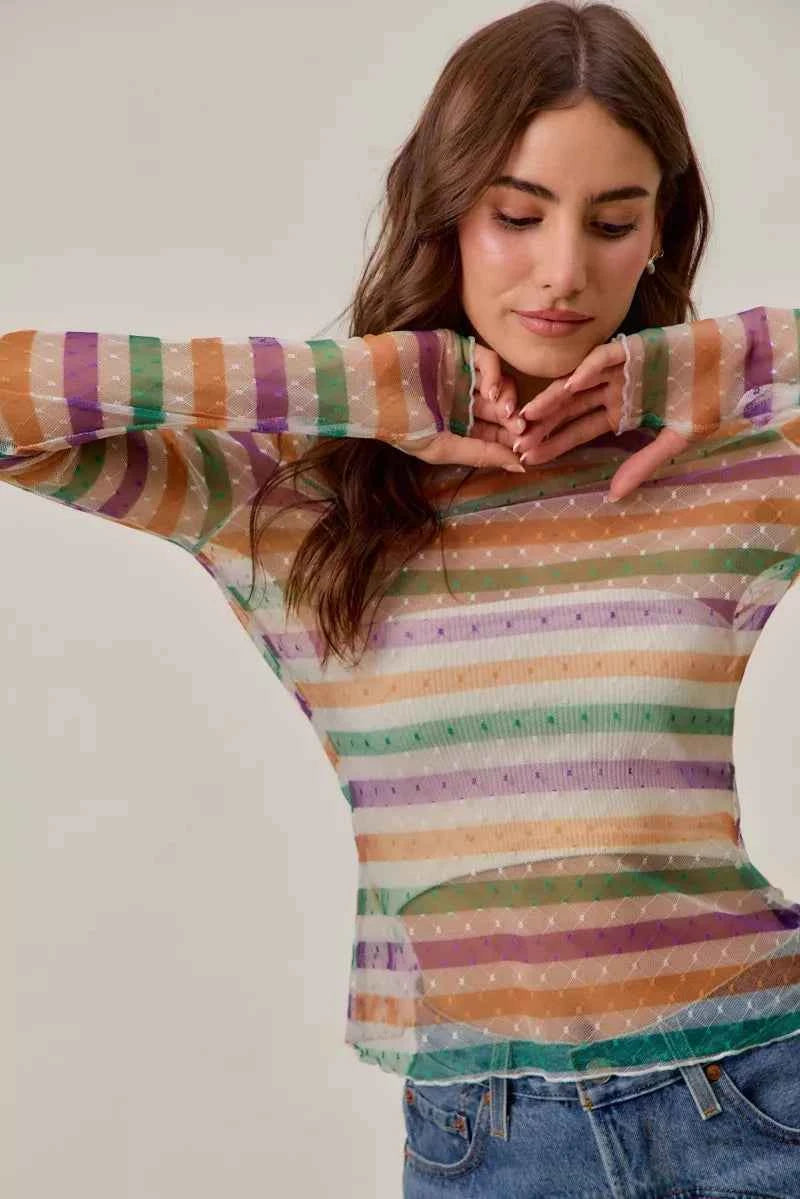 SO ME Mardi Gras Color Stripe Stretch Mesh Top