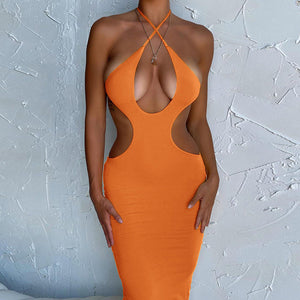 close-up of halter neckline and hollow cutout on solid color dress – women's summer outfit