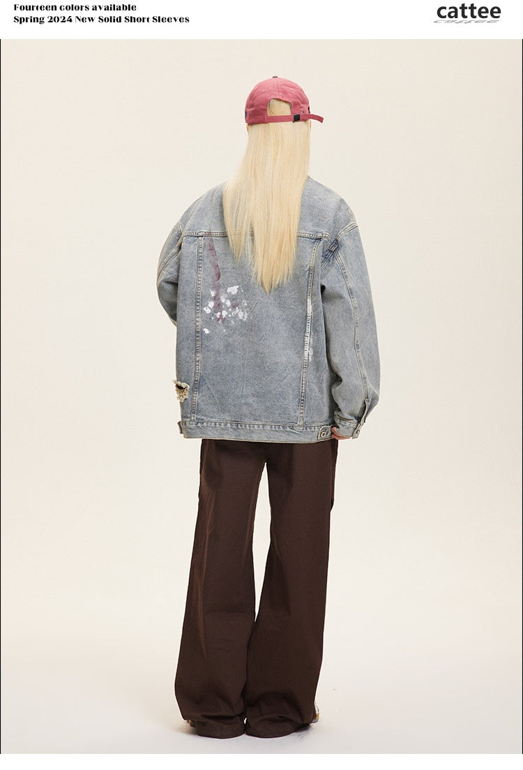 Unisex Washed Graffiti Ripped Denim Jacket - Retro My Store 