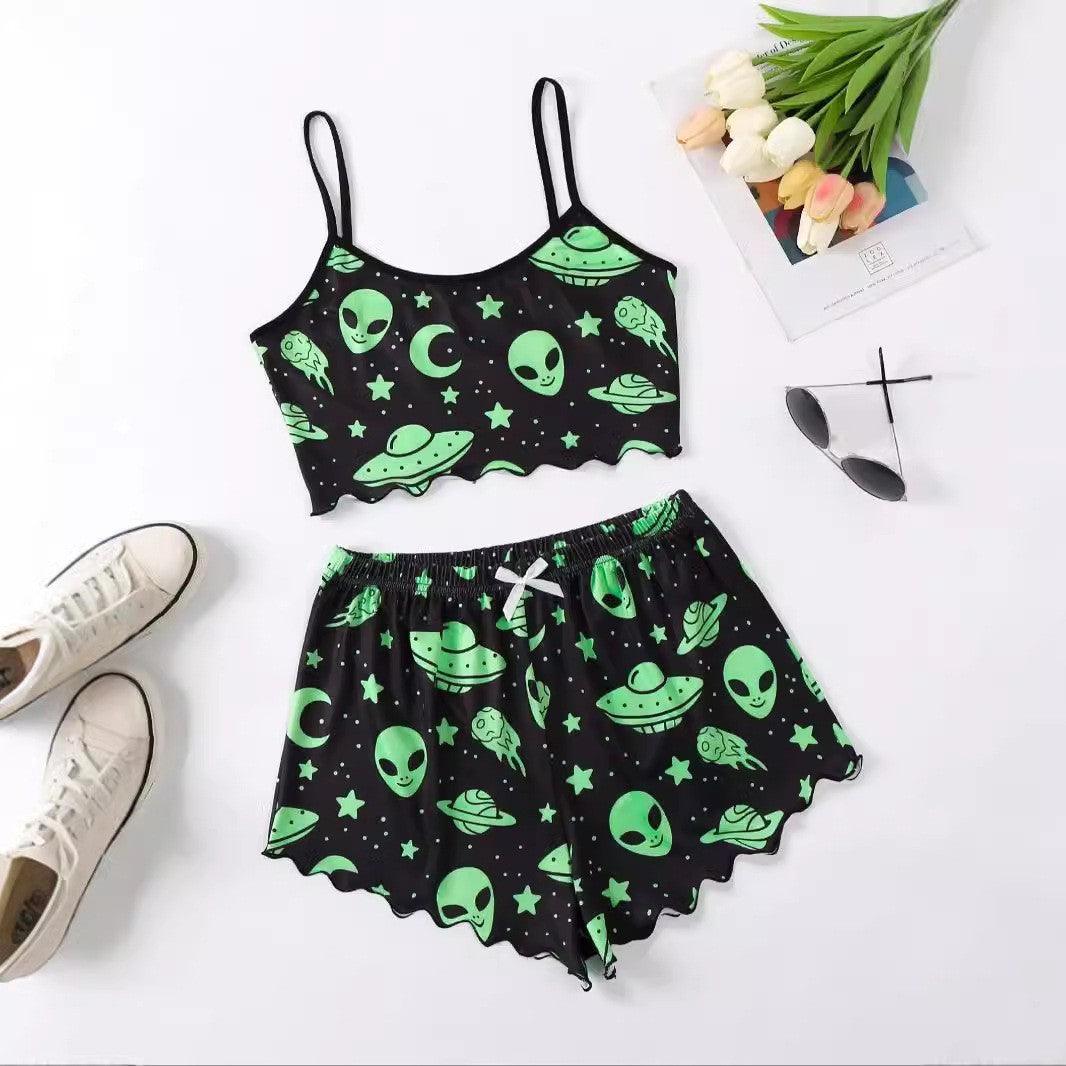 Halloween Pumpkin Print Sleeveless Sling Top and Shorts Pajama Set My Store  20.33