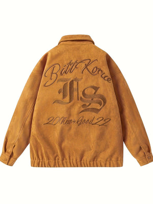 Trendy Letter Embroidery Jacket - Casual Lapel Zip-Up Long Sleeve K-pop Style MRC 