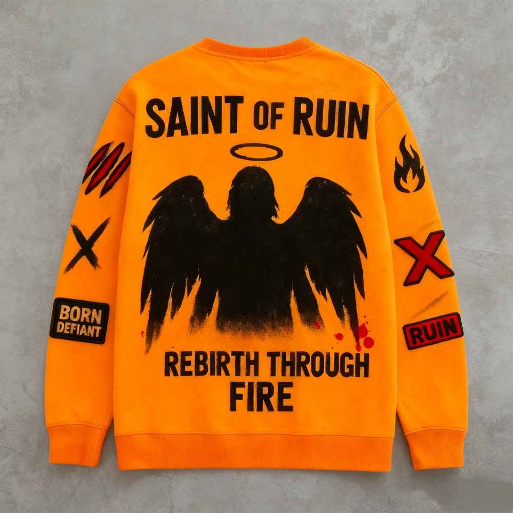 Orange sweatshirt with black graphics and text on a gray background