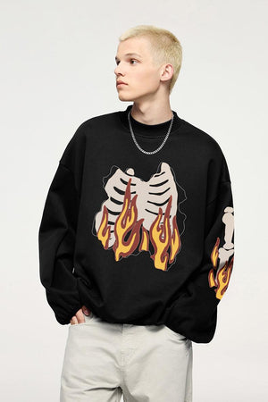 Flame Ribcage Graphic Oversized Sweatshirt – Trendy Streetwear Style My Store 