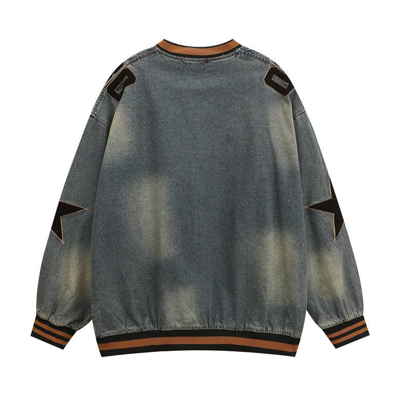 Denim V - Neck Star Letter Sweater - MRC STORESweaters & HoodiesMRC StoreDenim Sweater black accents on a white backgroundMRC STORECJWY252900002BYBlueL