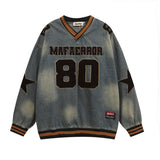 Denim V - Neck Star Letter Sweater - MRC STORESweaters & HoodiesMRC StoreDenim sweater with 'Mafa Error' and number '80' on a white backgroundMRC STORECJWY252900002BYBlueL