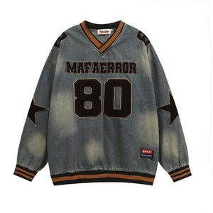 Denim V - Neck Star Letter Sweater - MRC STORESweaters & HoodiesMRC StoreDenim sweater with 'Mafa Error' and number '80' on a white backgroundMRC STORECJWY252900002BYBlueL