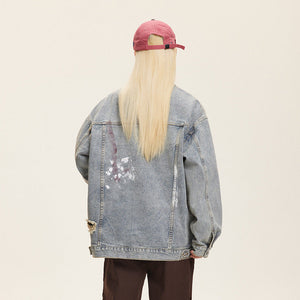 Unisex Washed Graffiti Ripped Denim Jacket - Retro My Store 
