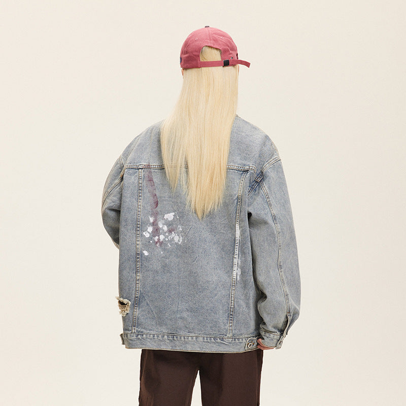 Unisex Washed Graffiti Ripped Denim Jacket - Retro My Store 